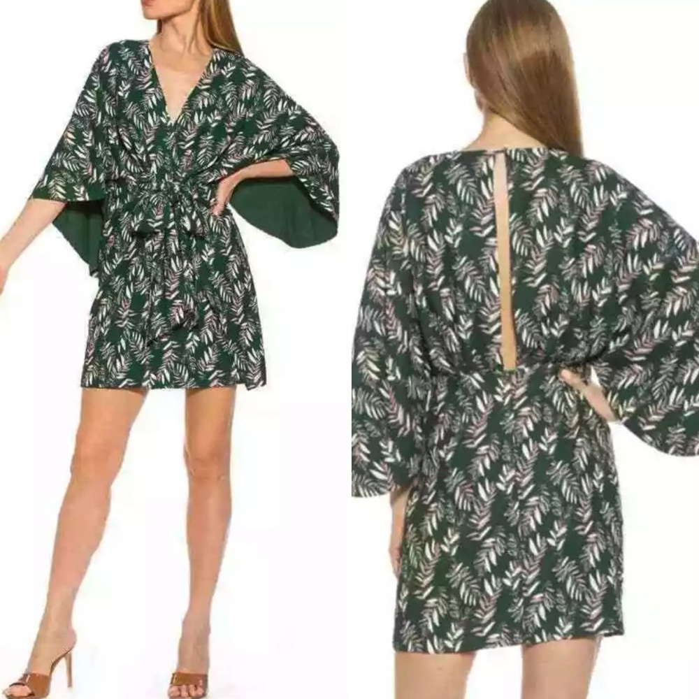Alexia Admor Green Palm Print Kimono Sleeve Surplice Tie Waist Dress  Sz 6💛